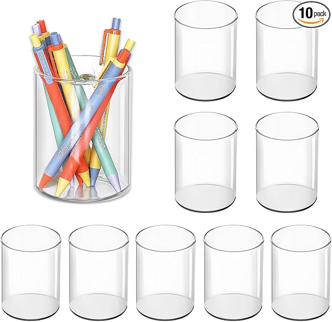 CEYAZYE 10 Pcs Clear Round Acrylic Pencil Holder Pen Pot for Desk | Transparent Makeup Brush Storage Desktop Organiser Stationary Organiser for Home Office School Supplies