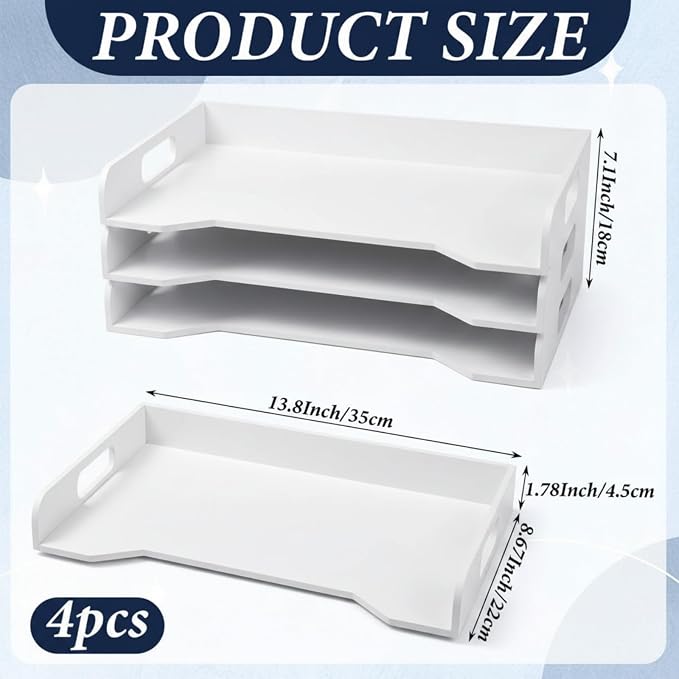 Wooden Stackable Paper Trays 4-Tier Wooden Paper Organizer for Desk Letter Documents Woodens Desktop File Organizers for Desktop File Holder and Office Supplies Rack for Home Office Use(White)