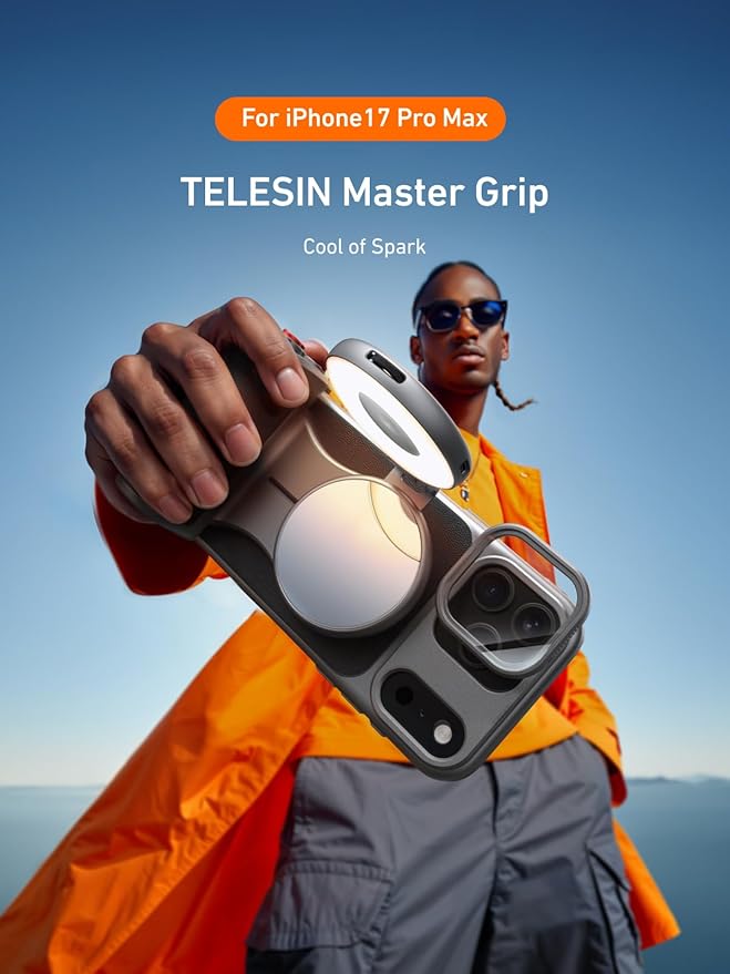 TELESIN Master Grip Universal for iPhone/MagSafe, Magnetic Phone Camera Grip with C03 Selfie Light Creator Kit Built 3200mAh Battery Wireless Charging -【Graphene Case Only for iPhone 17 Pro Max】