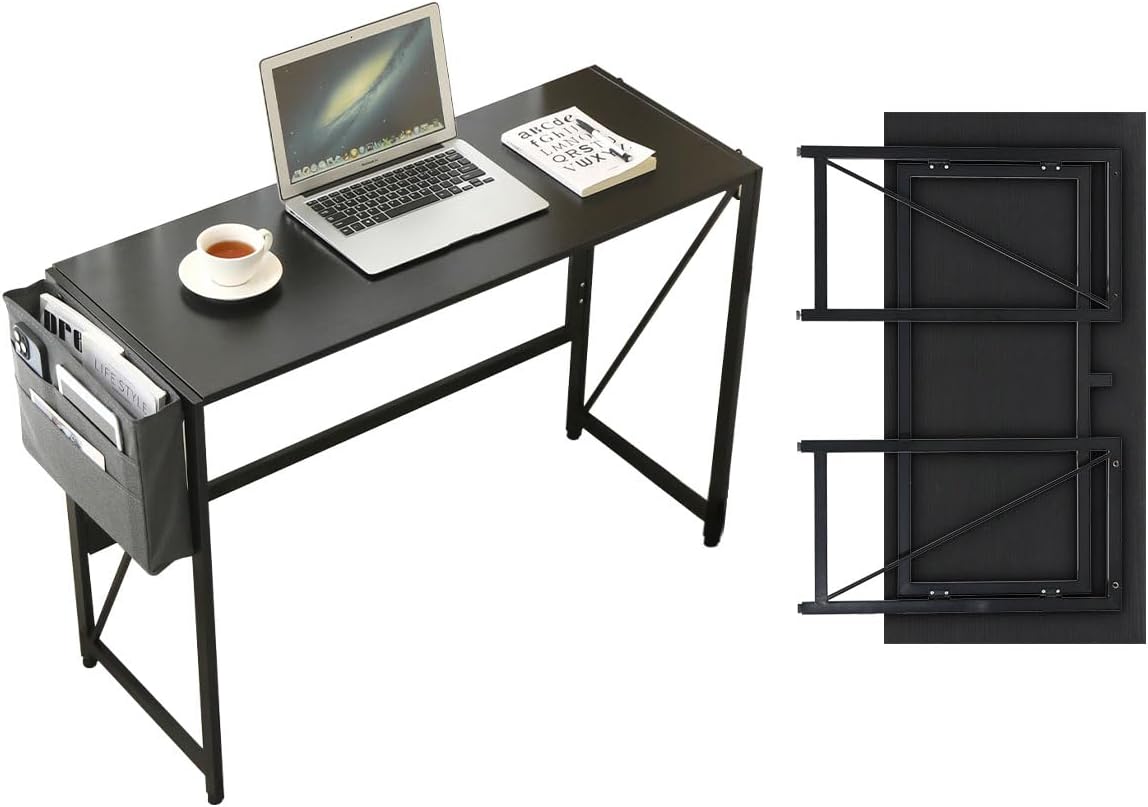 Modern Foldable Writing Computer Desk with Storage Bag, No-Assembly Study Office Desk Foldable Table for Small Spaces, Home Office (Black, 31.5 inch)