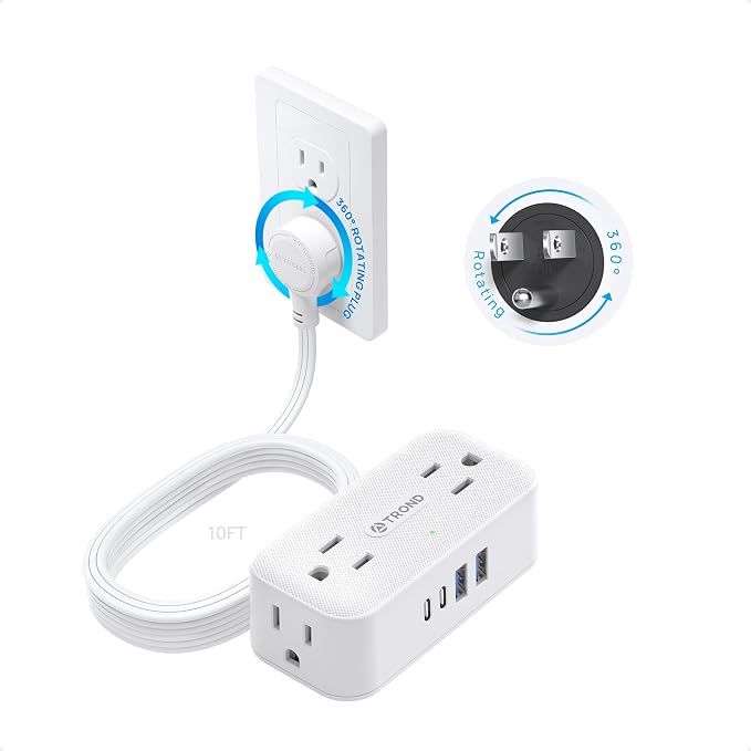 TROND 360° Rotating Flat Plug Power Strip, 10FT Extension Cord with 4 USB Ports, 4 Wide Spaced AC Outlets, Wall Mount, Surge Protector Power Strip for Office Travel Dorm Room Essentials, White
