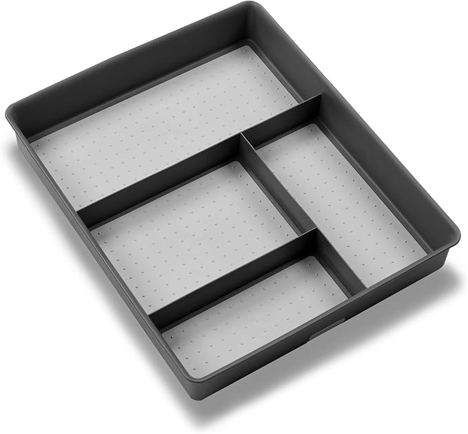 madesmart Classic 4 Compartment Drawer Organizer, Granite | non slip feet, rounded corners, soft grip base, open sections, cords tech accessories, office craft supplies, woman owned