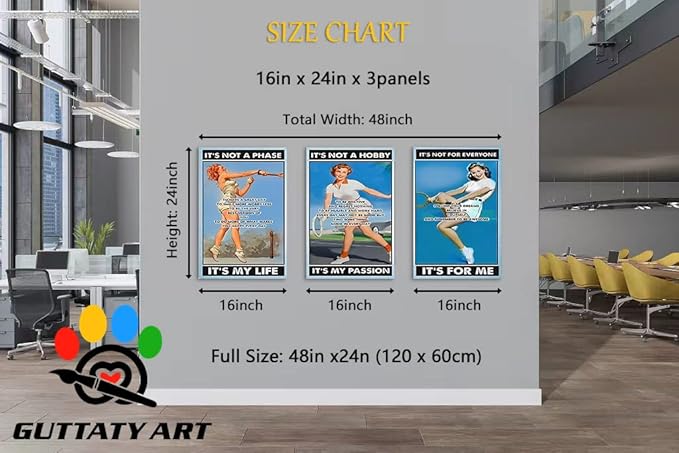 Inspirational Wall Art, Office Pictures for Wall Decor, Motivational Quotes Canvas Wall Art for Women, Tennis Inspirational Quote Poster Framed Artwork for Tennis Club Gym Wall Decoration 16”x24”x3Pcs