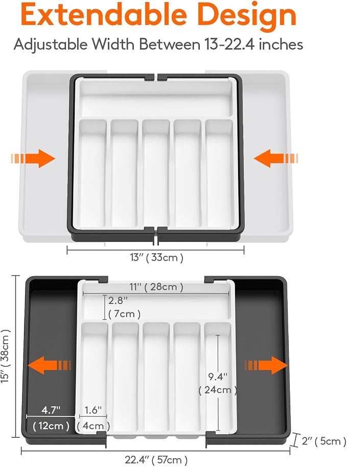 Lifewit Silverware Drawer Organizer, Expandable Utensil Tray for Kitchen, BPA Free Flatware and Cutlery Holder, Adjustable Plastic Storage for Spoons Forks Knives, 13-22 x 15", White&Black