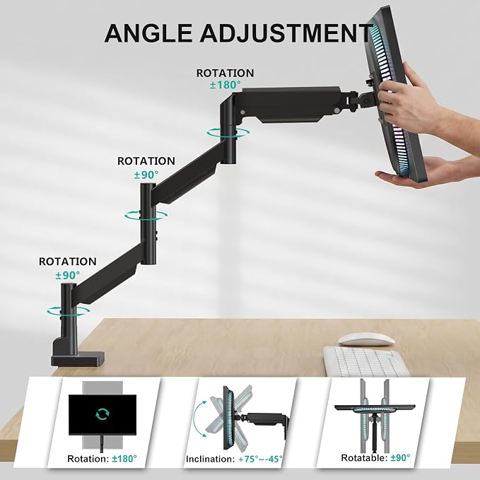 WALI Extra Long Single Monitor Arm for 17-38 inch Screens, up to 26.4 lbs | Tall Monitor Desk Mount, Full Motion with Tilt, Swivel, Rotation, C-Clamp/Grommet Base, VESA 75/100mm (GSMP001L), Black