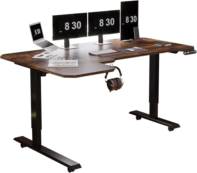 L-Shaped 59" Height Adjustable Electric Standing Desk, Sit and Stand Up Home Office Computer Desk with Splice Board (Rustic Brown Top, Black Frame)