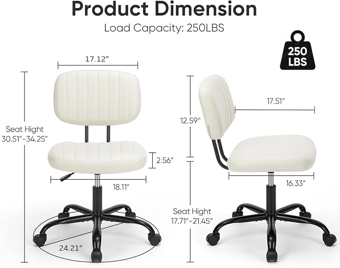 DUMOS Small Office Desk Chair, Armless Vanity Chair with Lumbar Support | PU Leather, 360° Rolling Task, Height Adjustable, Home Bedroom, Adult, Student, Beige White