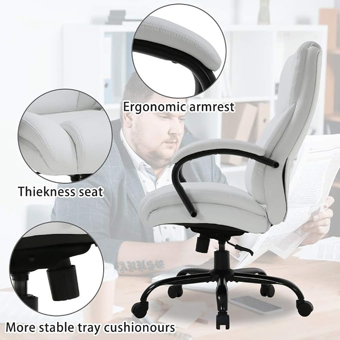 Big & Tall Office Chair Heavy Duty 50 Pound Computer Desk Chair, Ergonomic High Back Task Roller Swivel Chair with Lumbar Rest PU Leather Classic Executive Chair for Men Women White-10set