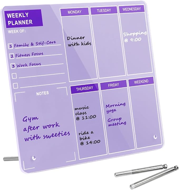 Desktop Thickened Acrylic Dry Erase Board, Weekly White Board with to Do List, Tabletop Whiteboard with Stand, Frameless Dry Erase Purple Board，9.8"x11.8" for Office, Home, School(Desktop-PUR-2530)