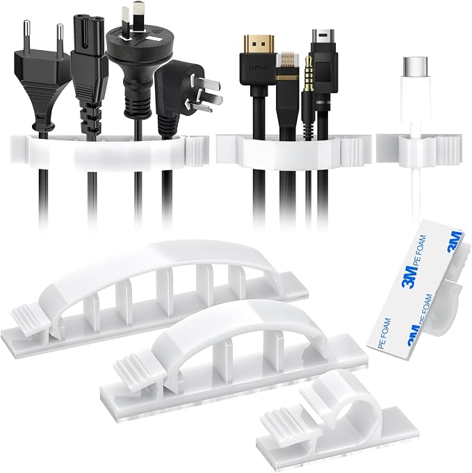 XHF 30pcs Adhesive Cable Wire Clips Kit White, Outdoor Cable Management Wire Organizer Cord Holder for Under Desk, Car, Wall, TV PC Ethernet Cable