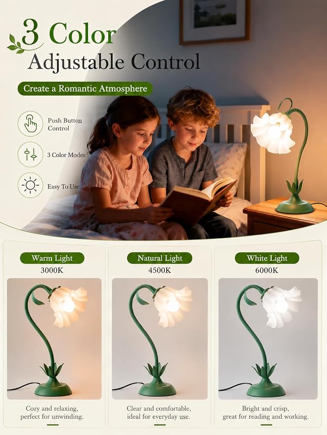 WERFOP Flower Table Lamp, LED Reading Light Vintage Bedside Table Lamp with 3 Color Modes for Nightstand, Kawaii Decoration for Home Bedroom Living Room (Green)