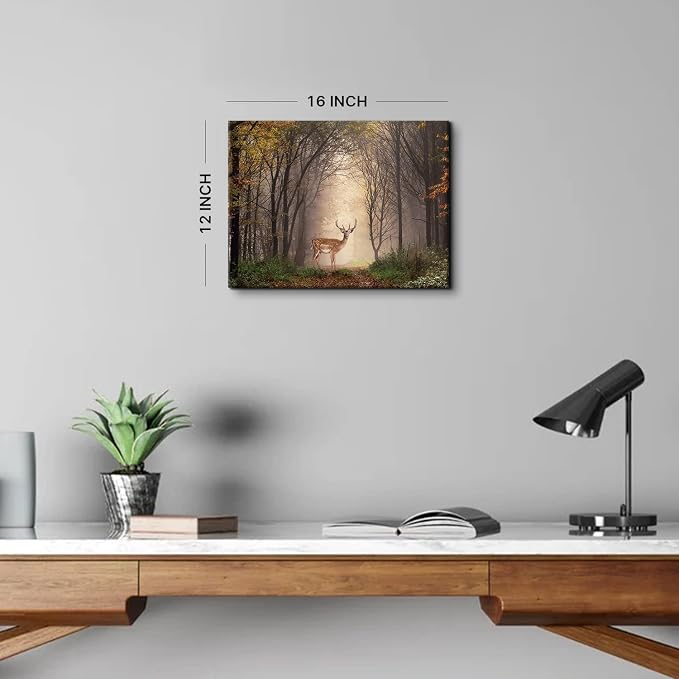 Wild Animal Landscape Canvas Wall Art Deer in Autumn Foggy Forest Picture Wall Decor Elk Wildlife Scenery Photo Prints Painting Decoration for Modern Living Room Bedroom Bathroom Home Art 12x16 Inch