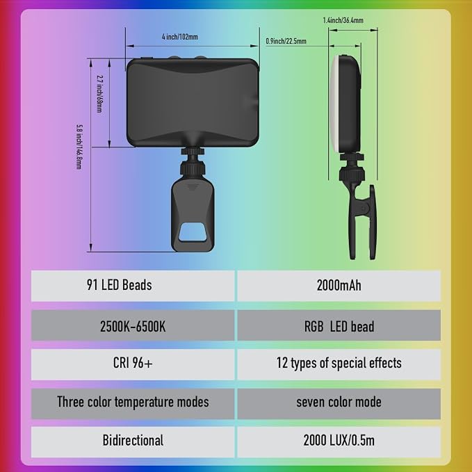 91 LED Portable Charger Selfie Light Video Conference Lighting | with Clip & Camera Tripod Adapter, Rechargeable 2000mAh, CRI 96+, 4 Light Modes, for Phone iPhone Webcam Laptop Makeup