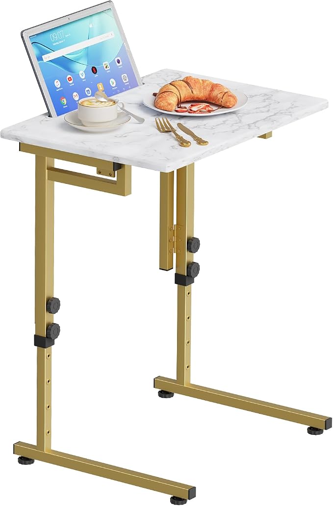 Folding tv Tray Dinner Snack Table,6 Height Adjustable Slide Under Couch Side Table, Portable Small Foldable C-Shaped End Table for Eating with Sturdy MDF Top,No Assembly(White Marble+Gold)