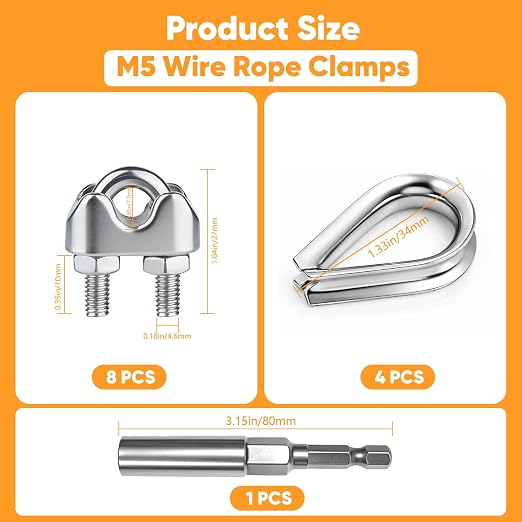 8Pcs 3/16 inch Stainless Steel Wire Rope Cable Clamp,M5 Wire Rope Clamp with Thimble for Various Commercial, Industrial, and Residential Projects