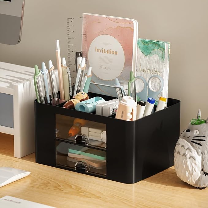 Stationary Organiser 7-Grid Desk Organizer with Drawer – Multifunctional Plastic Table Organizer & Pen Holder for School, Office, and Home (Black)