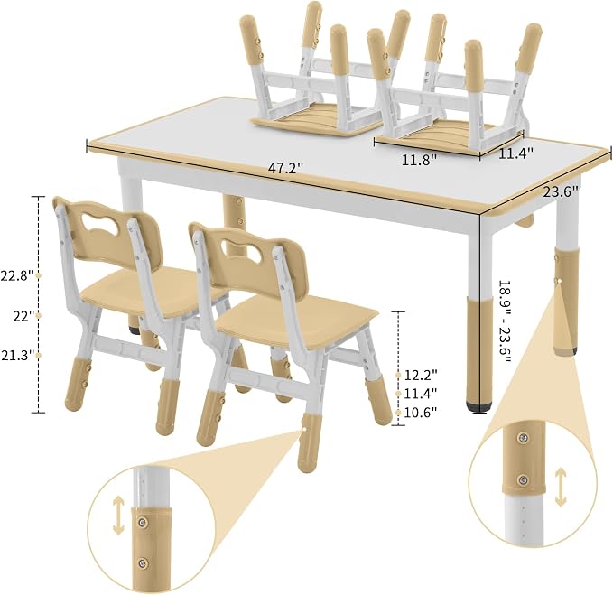DOREROOM Adjustable Kids Table & 4 Chairs Set, 47.2" L x 23.6" W, Beige | Graffiti Desktop,Table Supports 300 lbs,Toddler Ages 2-8，FSC-certified, Children Activity Table for Daycare, Classroom, Home