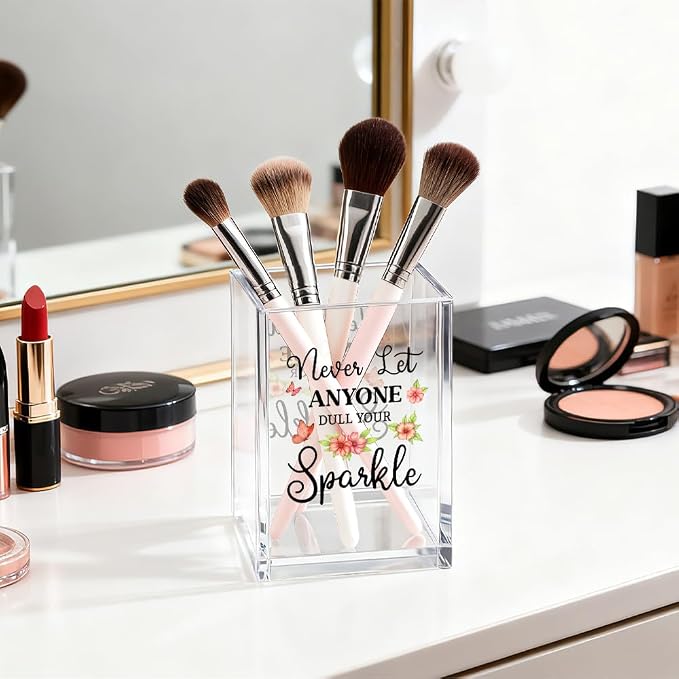 Never Let Anyone Dull You Sparkle Acrylic Cosmetic Organizer Pen Holder, Motivational Acrylic Desk Holder Cup for Pen Pencil, Inspirational Office Gifts for Women Coworker Femal Leader Bestie