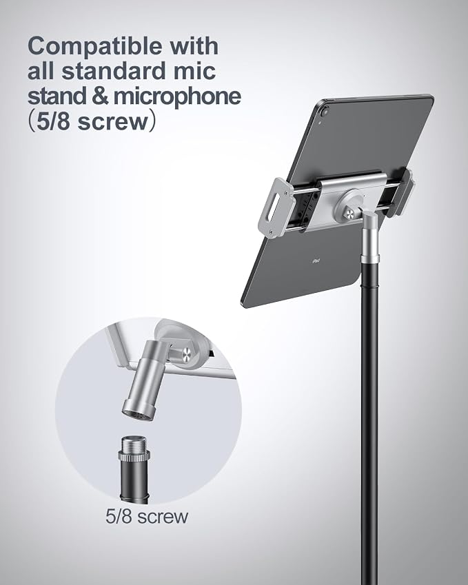 elitehood Aluminum iPad Holder for Mic Stand, Side Mount iPad Music Stand Holder for Microphone, 360° Swivel Tilt Adjustable Mic Tablet Mount for 4-13in iPhone, Cell Phones and Tablets, Sliver