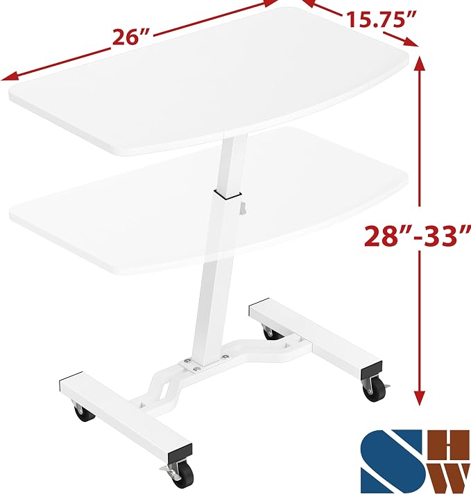 SHW Mobile Height Adjustable Laptop Rolling Cart with Height Adjustment from 28" to 33", White