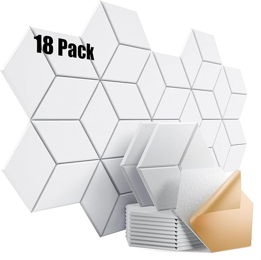 18 Pack Self-Adhesive Acoustic Panels 12" X 10" X 0.4" - Sound Proof Foam Panels for Walls with High Density, Y-Lined Design, Flame Resistant, Absorb Noise and Eliminate Echoes(White)