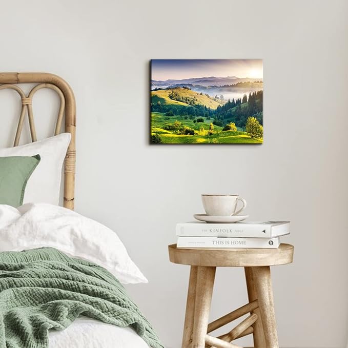 Green Mountain Wall Art Sunrise Nature National Park Landscape Canvas Prints Decor 12x16" Misty Forest Scenery Picture Painting Modern Artwork for Bedroom Living Room Bathroom Office Home Decoration