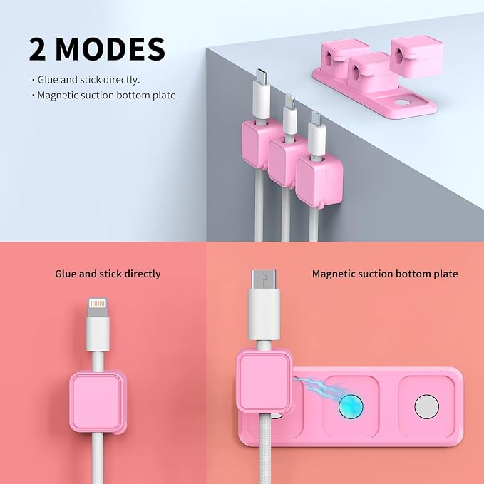 Magnetic Cable Organizer for Desk – Upgraded Wire Clips with Adhesive Base – Desktop Cord Holder for USB, Charging Cables – 6 Clips + 1 Magnetic Base (Pink)