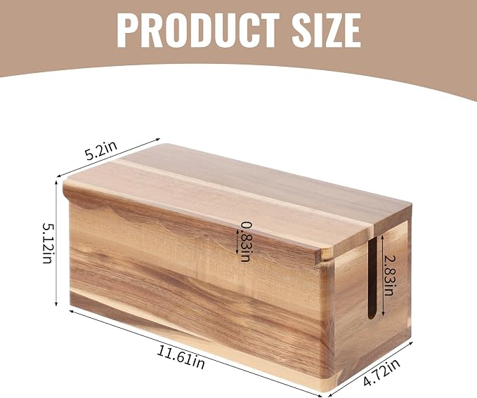 Large Cable Management Box Scalloped Edge, Acacia Wood Cable Organizer Box & Power Strip Box for Electrical Cord Management, Hide Desk Cord and Floor Cables, Wire Storage and Organization for Cords
