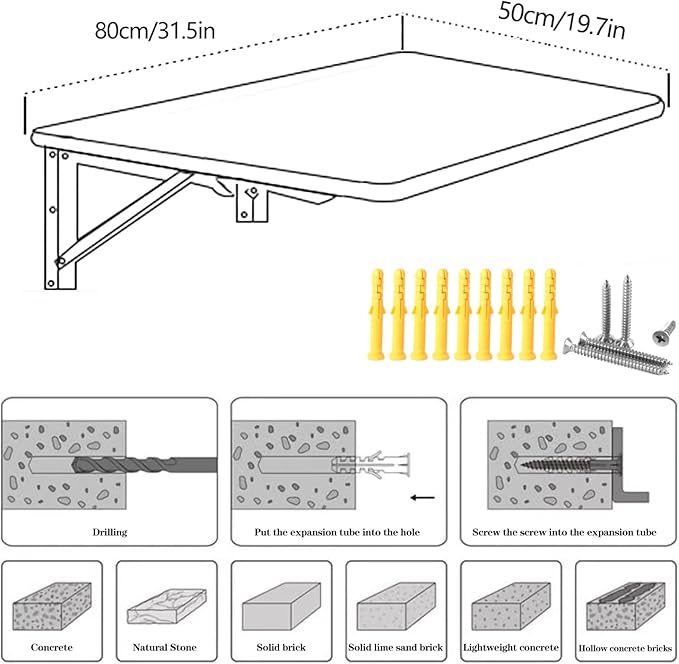 Wall Mounted Folding Table,Black Floating Desk for Small Spaces,Stainless Steel Bracket Laundry Folding Table,Wall Folding Desk,Home Bars and Dining Establishments(80X50cm/31.5"×19.7")