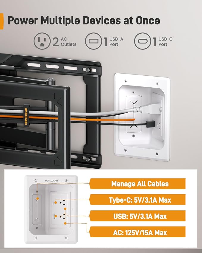 Perlegear in Wall Cable Management Kit, USB & Type C PortsTV Cord Hider & Cable Hider, Wire Hider with Recessed Power, Includes Drill Template, Dust Bag, Drywall Saw, Extension Cable