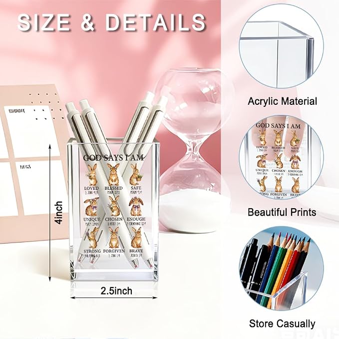 God Says I Am Loved Acrylic Pencil Pen Holder Cup, Rabbit Printing Makeup Brush Storage Organizer, Women Bible Verse Affirmations Desk Accessories Holder, Graduation Gifts for Daughter Niece