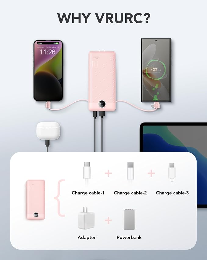 VRURC Portable Charger Built-in Cables and AC Wall Plug,Power Bank 10000mAh | Travel Essentials Phone Charger Compact Lightweight External Battery Pack For Smart Phones, Tablets etc-Pink