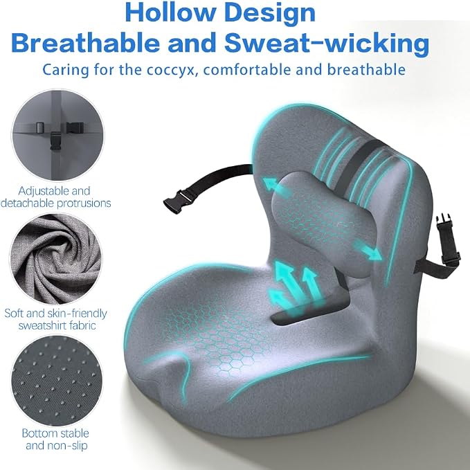 Memory Foam Seat Cushion for Office Chair,Sciatica Pain Relief Coccyx Cushion for Tailbone Pain,Orthopedic Gel Seat Cushion for Car,Non-Slip Bottom and Breathable Cover(Grey)