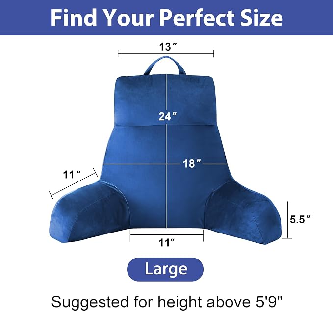 IPYNBAP Reading Pillow with Arms for Adult, Back Pillow for Bed Sitting Up, Shredded Memory Foam Backrest Pillow with Pockets & Removable Washable Cover, Lounging, Watching TV, Reading(24" Navy Blue)