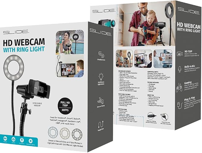 Slide 720P HD Webcam with Portable Ring Light and Clamp-on Stand, Streaming Camera with Mic, 30 FPS, 30 Light Modes, 2 Flexible Arms, Secure Clamp, Includes Sliding Lens Cover and USB Cable