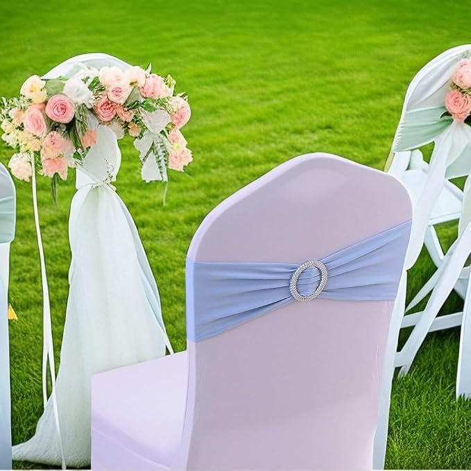 Tvoip 10PCS Chair Cover Stretch Band with Buckle Slider Sashes Bow Wedding Banquet Chair Decoration (Light Blue)