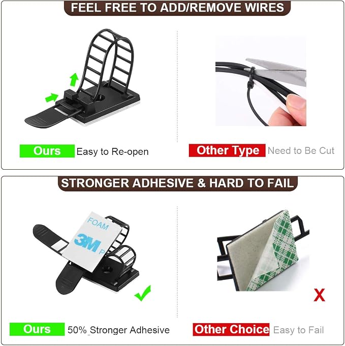 50Pcs Adhesive Cable Management Clips with 50Pcs Zip Ties, Adjustable Nylon Cable Strap Ties Wire Clips Clamps Organizer with Strong Adhesive Tape, Extra Screw & Hole - 3.35 Inch Black