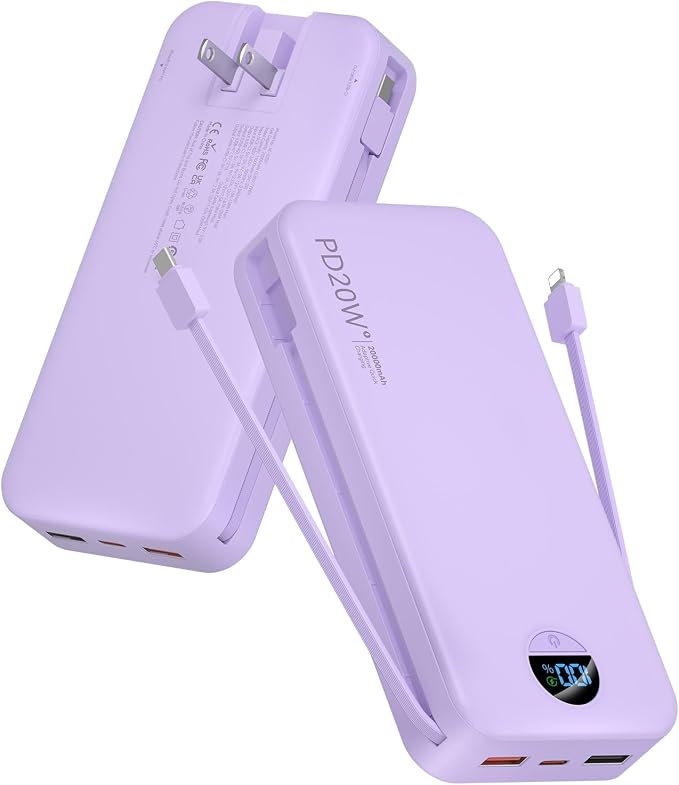 citicr Portable Charger 20000mAh PD20W w/Built-in Cables & Wall Plug Purple | High capacity, Fast charging, Built-in wall plug, LED display, Charge 5 devices at once, Pass through charging, TSA approved