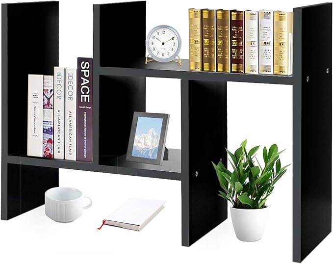 J.M.Deco Desktop Organizers and Storage for Office, Adjustable Desktop Organizer Shelf Double H Display, True Natural Stand Shelves, Black