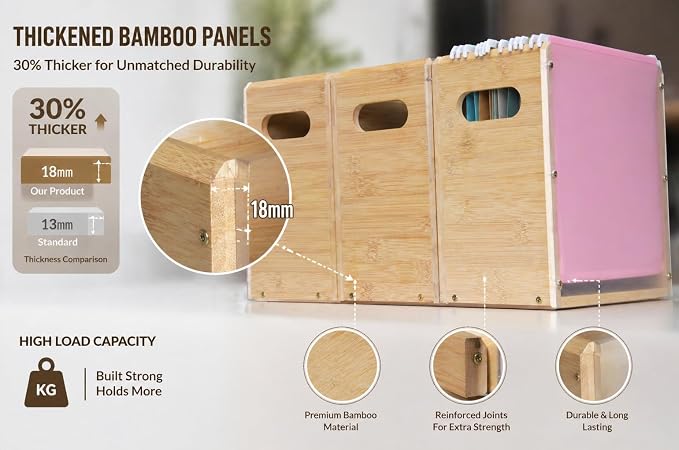 2 Pack Premium Thickened Bamboo Desktop Hanging File Organizer - Heavy Duty Portable Desk File Box with Handles, Sturdy Storage Crate for Letter Size Documents & Home Office