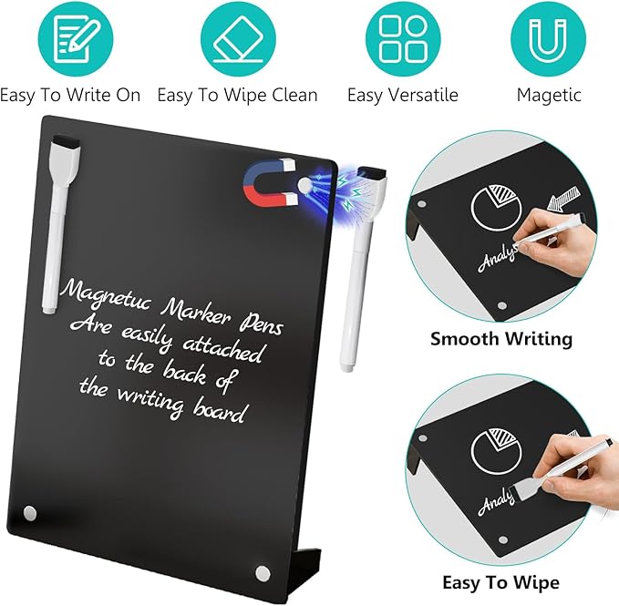 2PCS Black Acrylic Calendar Dry Erase Board with Stand for Desk, 16x12 Large Desktop Monthly Whiteboard Magnetic Fridge Memo Board, Daily Planner Chalkboard Easel for Office, School