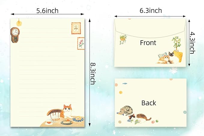 72 Pieces Cute Cat Writing Paper and Envelopes, 8.3x5.6 Inch Stationery Set, 48 Lined Sheets & 24 Envelopes, Kitty Design for Letters, Invitations, Gifts, Holidays, Party Notes