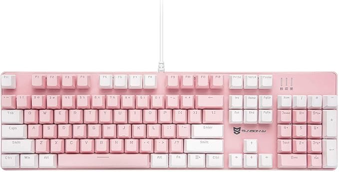 Merdia 104 Keys Full Size Mechanical Keyboard | Blue Switch, Pink & White Color 104 Keys US Layout Led Backlit Hot Swappable Wired Mechanical Light Up Pink Keyboard | Wired Gaming Computer Keyboards