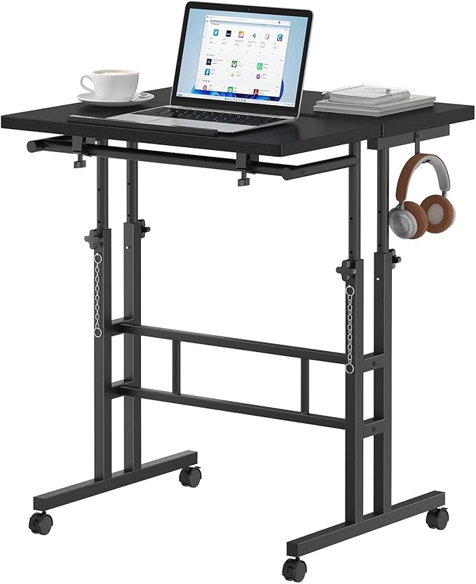 Simple Deluxe Split Top Rotating Standing Desk on Wheels – 23.6" Manual Adjustable Height Mobile Laptop Computer Table – Sit Stand Rolling Workstation with Tilt Function– Black