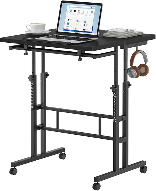 Simple Deluxe Split Top Rotating Standing Desk on Wheels – 23.6" Manual Adjustable Height Mobile Laptop Computer Table – Sit Stand Rolling Workstation with Tilt Function– Black