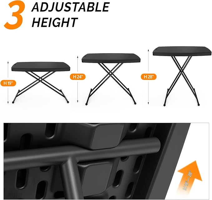 VINGLI Small Folding Table Portable, 30" Adjustable Height Personal Laptop TV Tray, Camping Table, HDPE Plastic Top with Steel Frame,Black