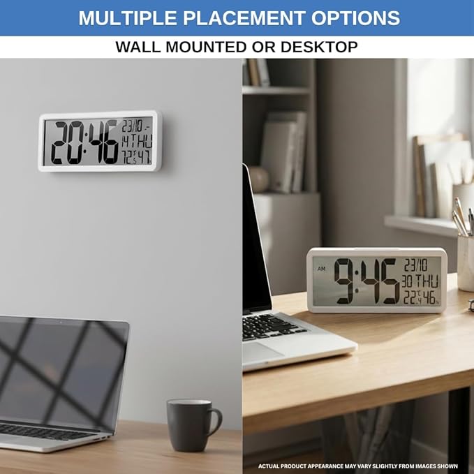 Atomic Digital Wall Clock Battery Operated Large Display | Automatic Time Setting with Day Date Temperature Humidity Alarm 12/24 Hour | Wall Or Desk Clock for Home Office Seniors