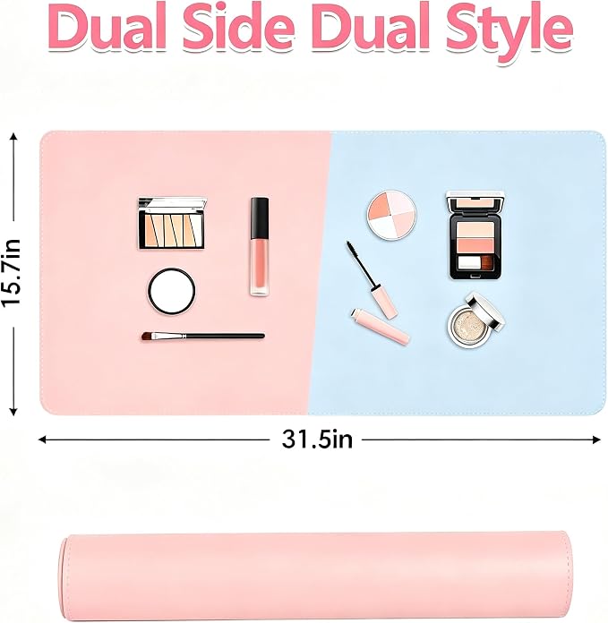 Makeup Mat for Vanity, Non-Slip PU Leather Desk Pad, Dual-Sided Laptop Pad, 31.5 x 15.7 Inches Table Mat, Easy to Clean Vanity Protector Mat, Waterproof & Oilproof Desk Protection (Pink and Blue)