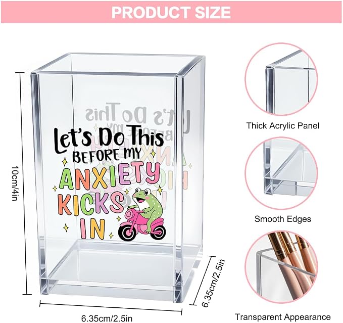 Let’s Do This Before My Anxiety Kicks in Acrylic Cosmetic Pencil Pen Holder Cup, Funny Frog Desk Organizer for Office Decor, Frog Lover Gifts Sarcastic Work Gifts for Women Men Coworker Employee