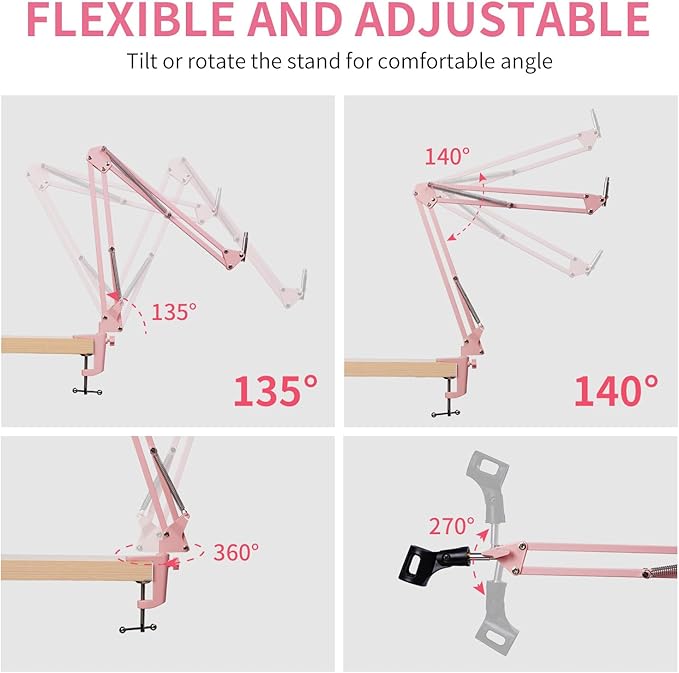 FEELWORLD AMS1 Microphone Boom Arm, Adjustable Mic Arm Stand with 3/8” to 5/8” Screw, Compatible with PM1 and other Mics for Podcast Straming Gaming Studio （Pink)